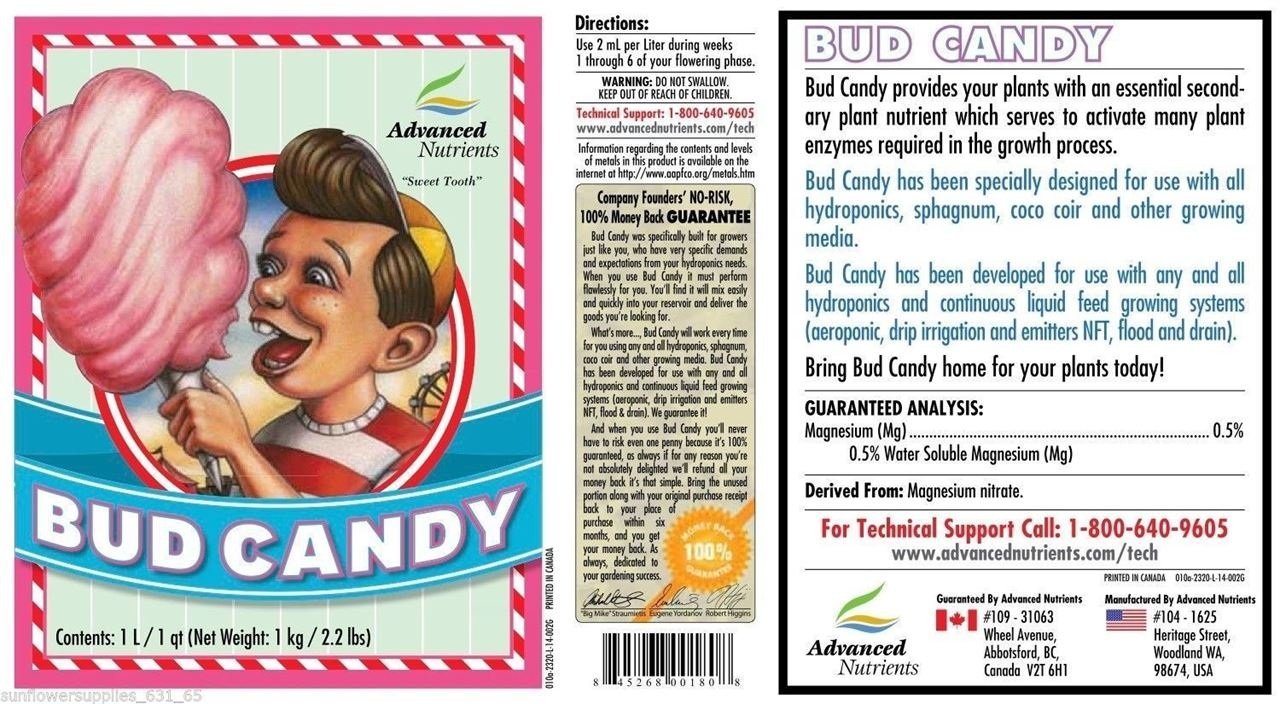 Advanced Nutrients Bud Candy bottle on shelf suggests convenient organic feeding option.