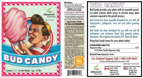 Advanced Nutrients Bud Candy bottle on shelf suggests convenient organic feeding option.