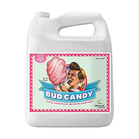 Advanced Nutrients Bud Candy bottle highlighting bloom boost and sweeter aromas for thriving flowering plants.