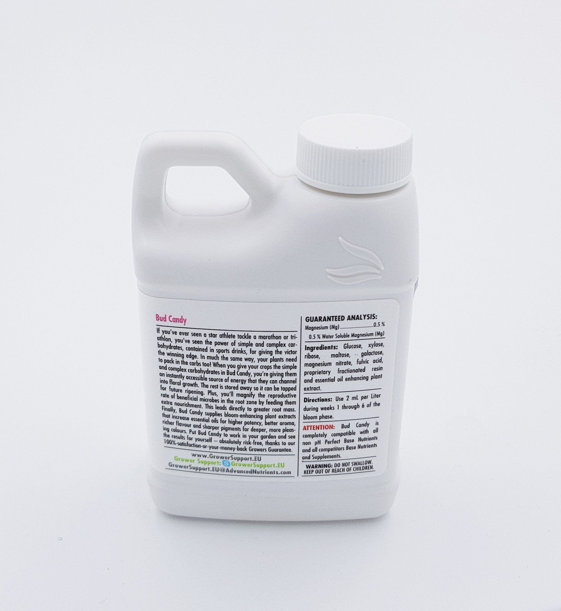 Advanced Nutrients Bud Candy label closeup highlights organic carbohydrate formula for plants.