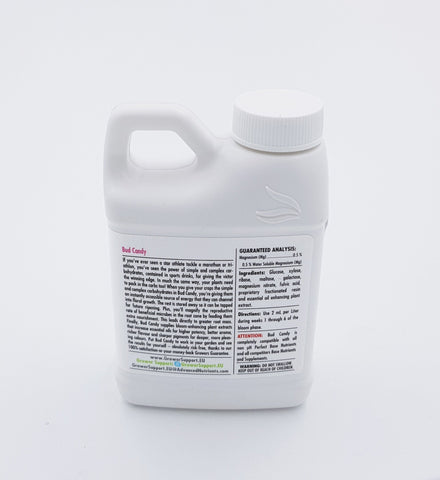 Advanced Nutrients Bud Candy label closeup highlights organic carbohydrate formula for plants.