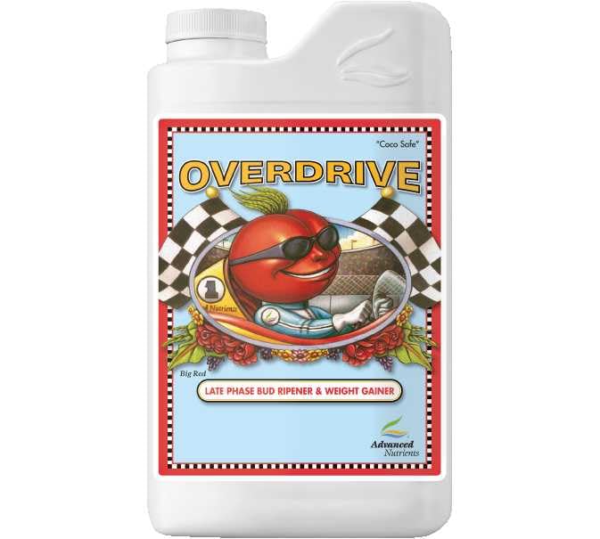 Advanced Nutrients Overdrive bottle pour for late bloom, supporting a strong finish