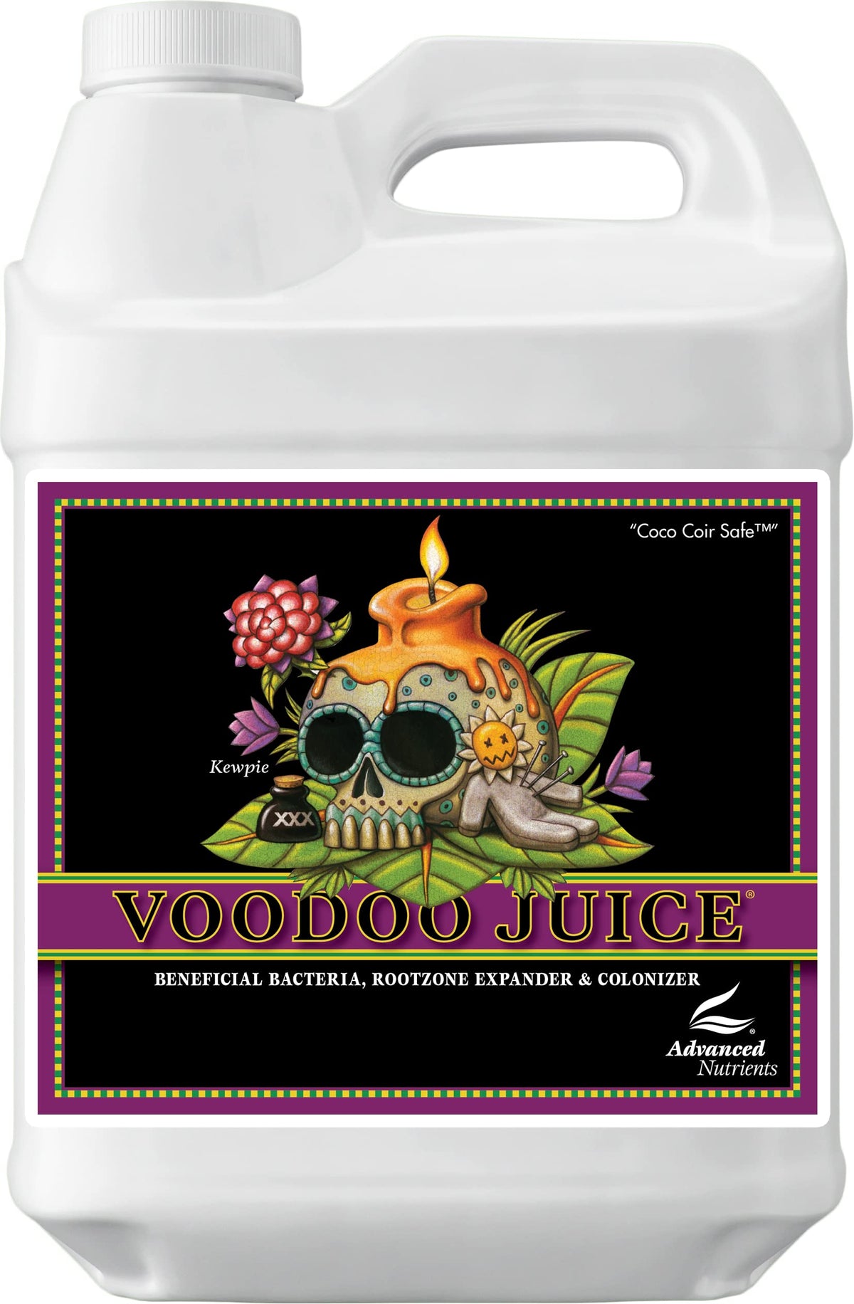 Advanced Nutrients Voodoo Juice bottle showcases robust root growth for healthier yields.