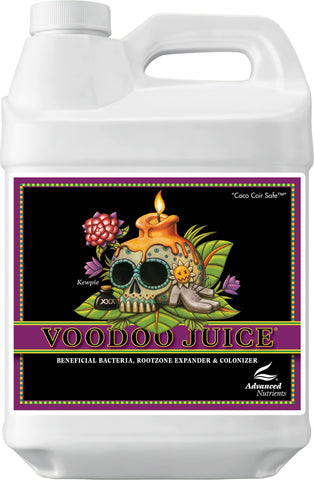 Advanced Nutrients Voodoo Juice bottle showcases robust root growth for healthier yields.