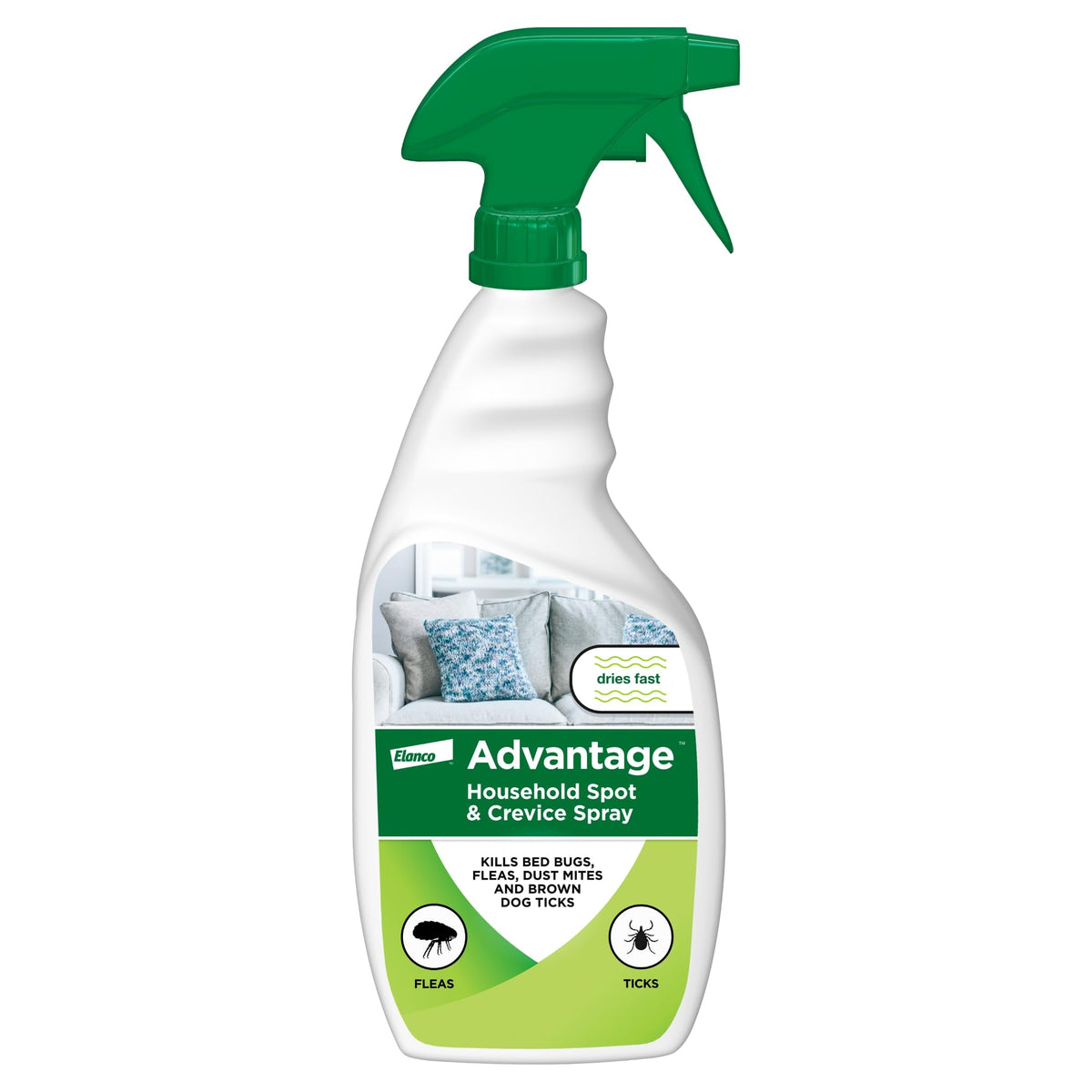 Advantage Spot & Crevice Spray bottle around baseboards to deter fleas.