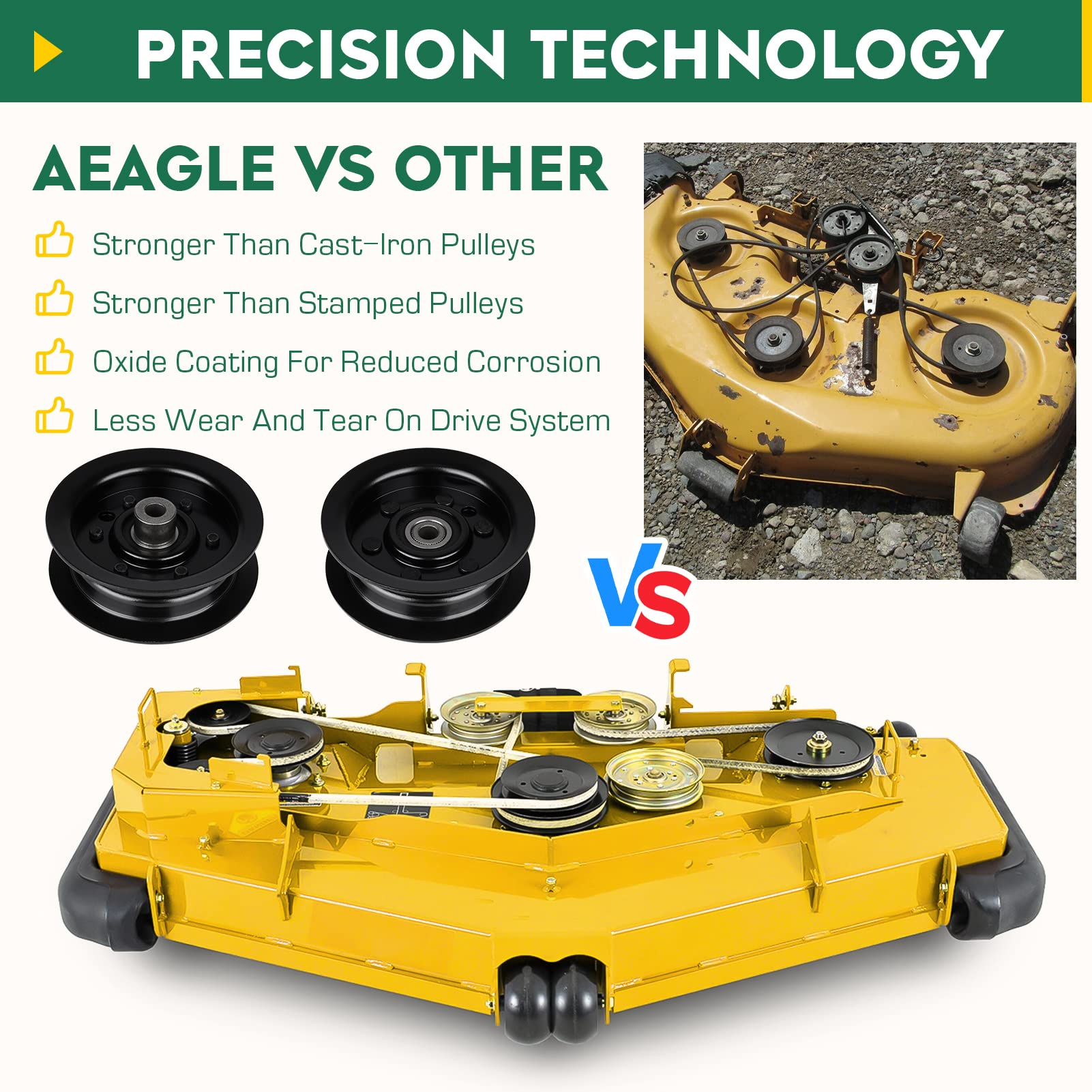 Aeagle three-pack packaging shows each pulley for quick mower maintenance