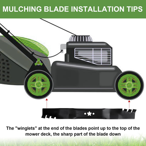 Aeagle mulching blade in action cutting through light weeds on a home lawn.