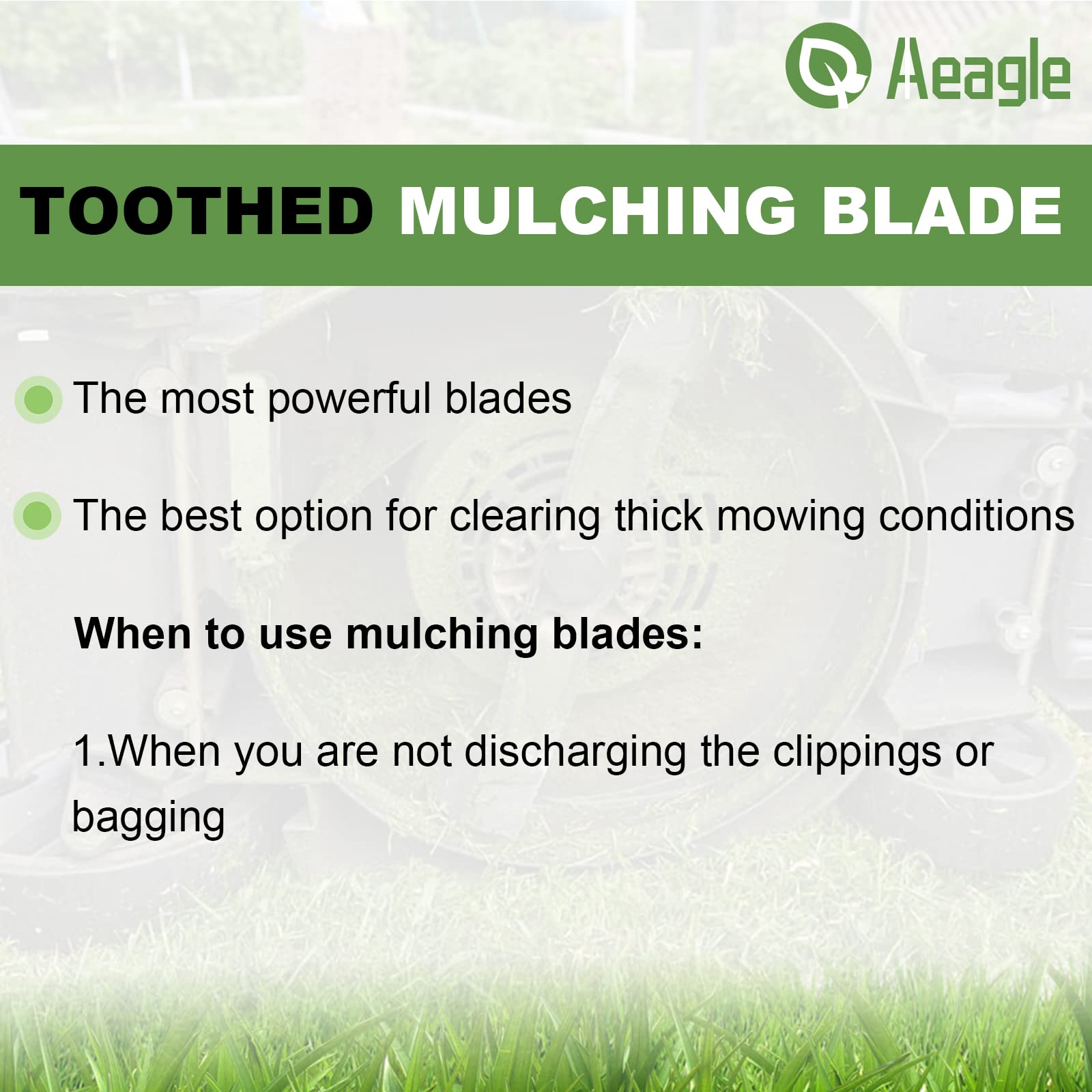 Aeagle mulching blade in action, cutting grass and returning nutrients for lawn health.