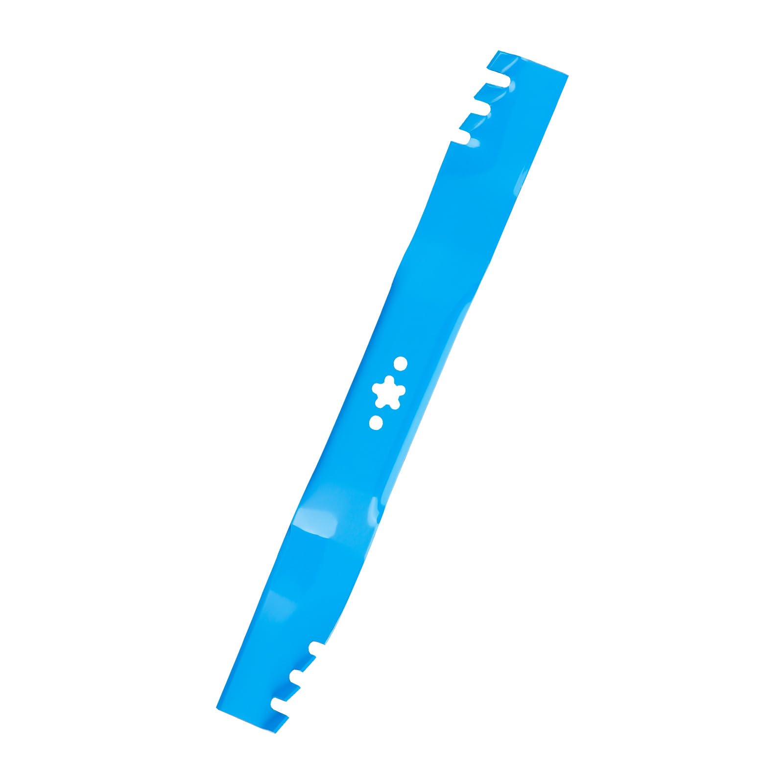 Aeagle mulching blade close-up shows rugged teeth for efficient mowing.