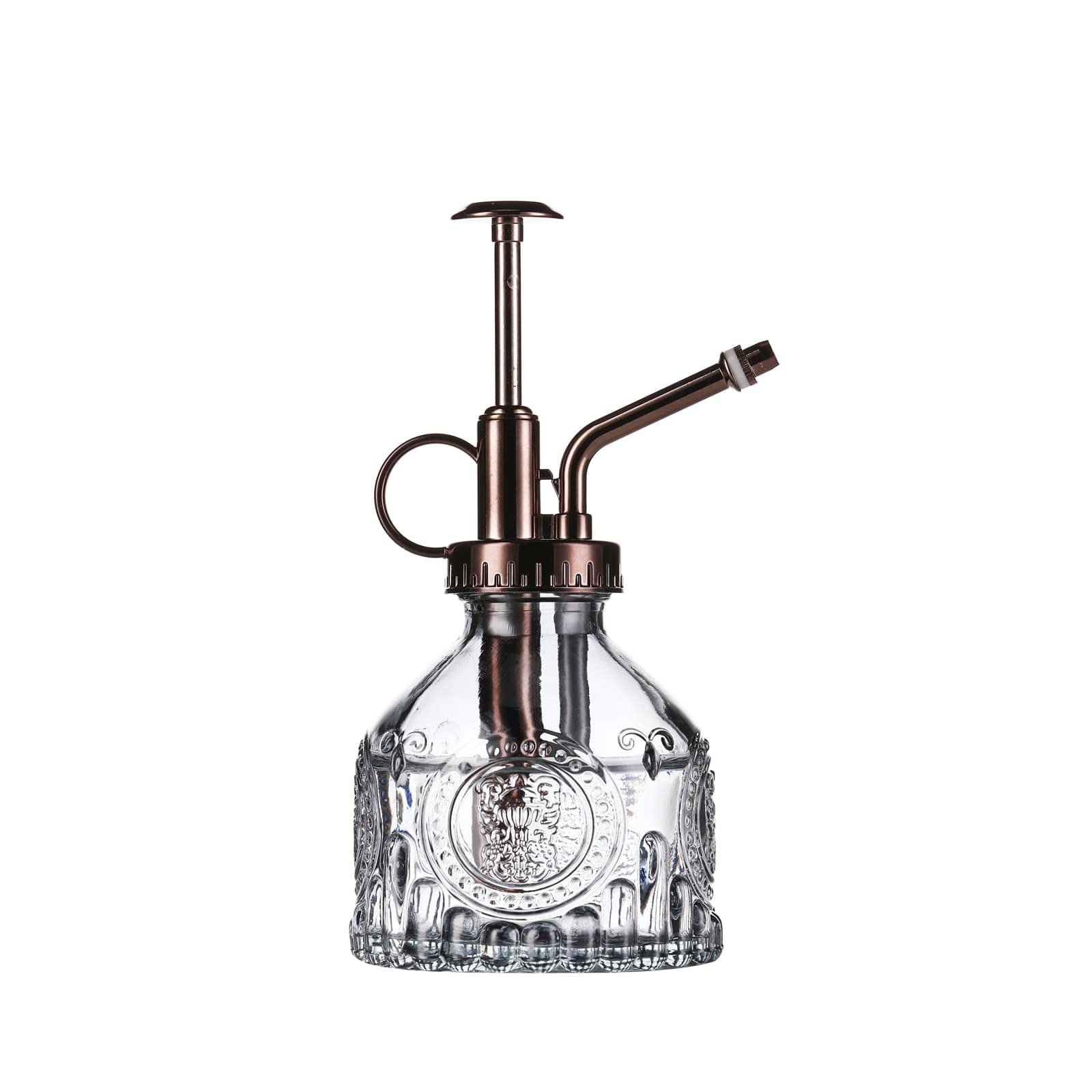 Aebor glass plant mister with gray glass and bronze top, 7 oz capacity, ideal for indoor plants.