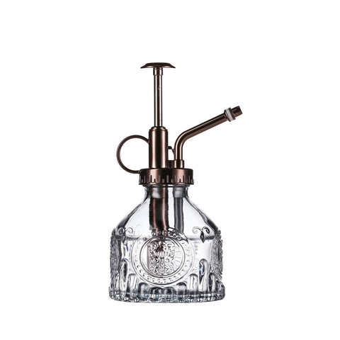 Aebor glass plant mister with gray glass and bronze top, 7 oz capacity, ideal for indoor plants.
