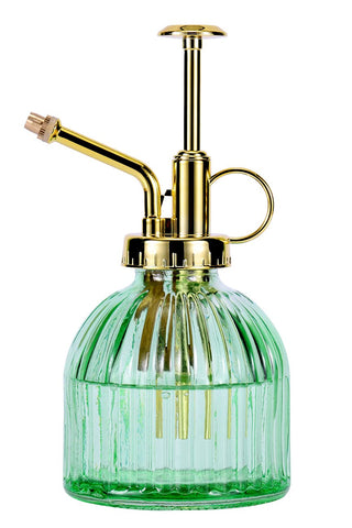 Aebor glass plant mister with green bottle and gold top, easy to mist indoor plants.