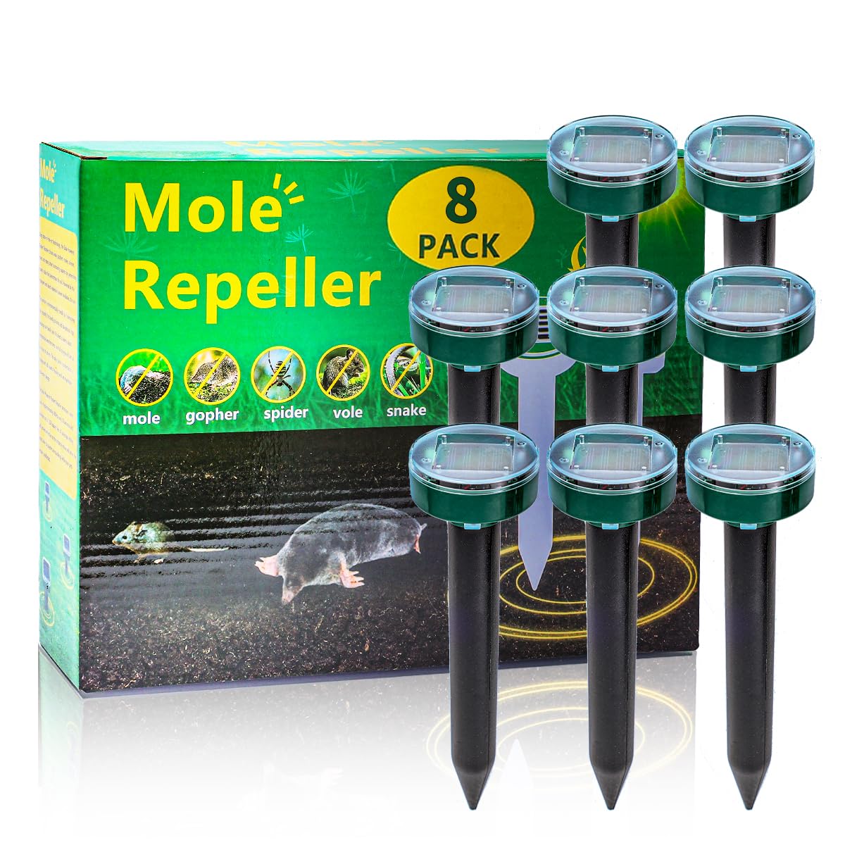 AECITY mole repellent solar stake in sun-drenched yard deterring pests.