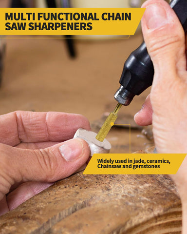 Aecsze gold chainsaw sharpener in use demonstrates quick sharpening
