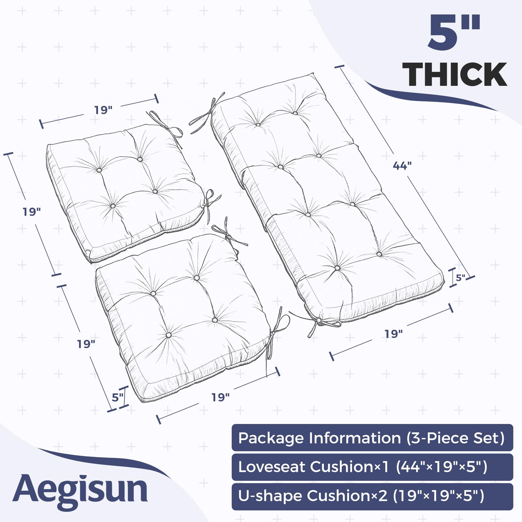 Aegisun U-shape cushion front view with 19x19x5 dimensions for comfortable seating