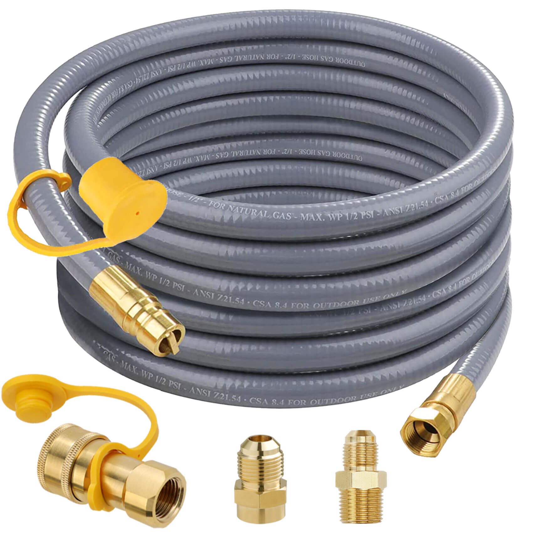 Aekops 36ft natural gas hose with quick-connect fittings for outdoor grilling.
