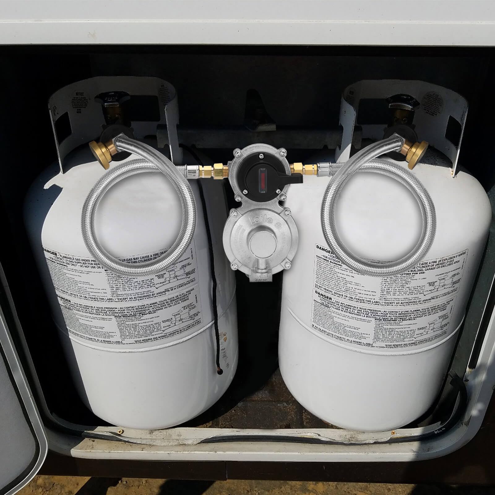 Aekops packaging includes essential fittings for quick RV propane setup.
