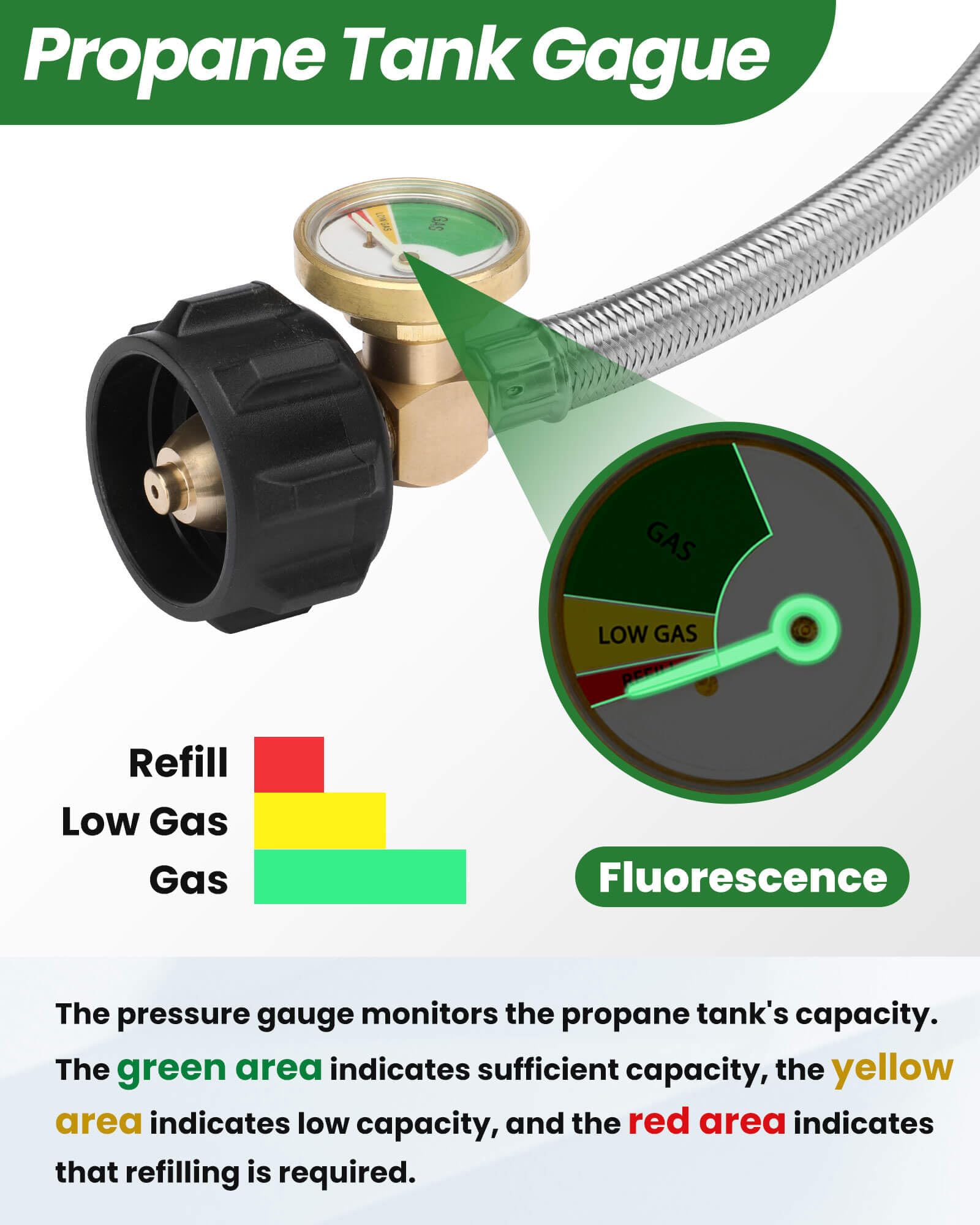 Aekops 15 inch gauge hose helps monitor propane levels at campsites.