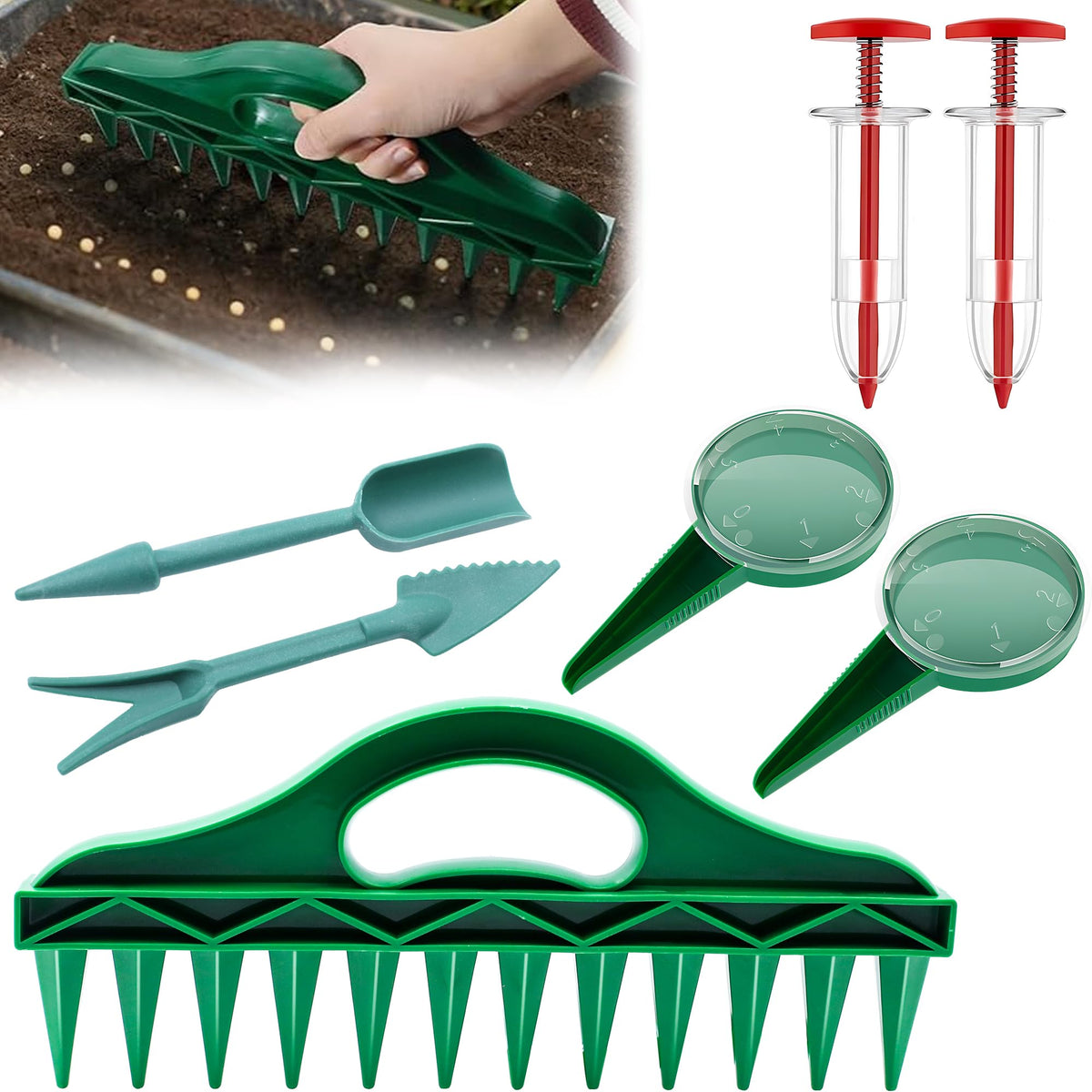 Aeloer seed spreader set in packaging showing precision sowing for neat rows