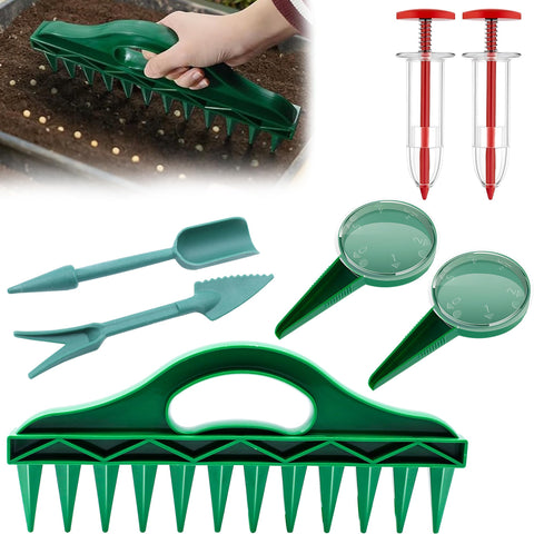 Aeloer seed spreader set in packaging showing precision sowing for neat rows