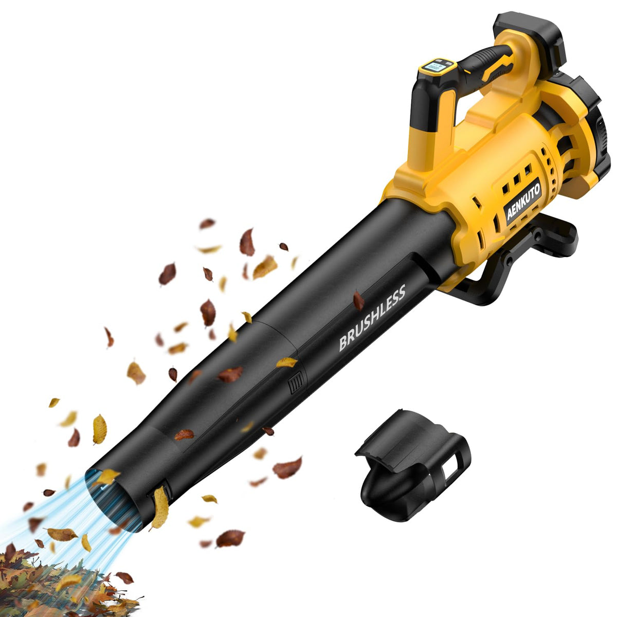 Aenkuto cordless leaf blower with digital display for quick speed adjustments.