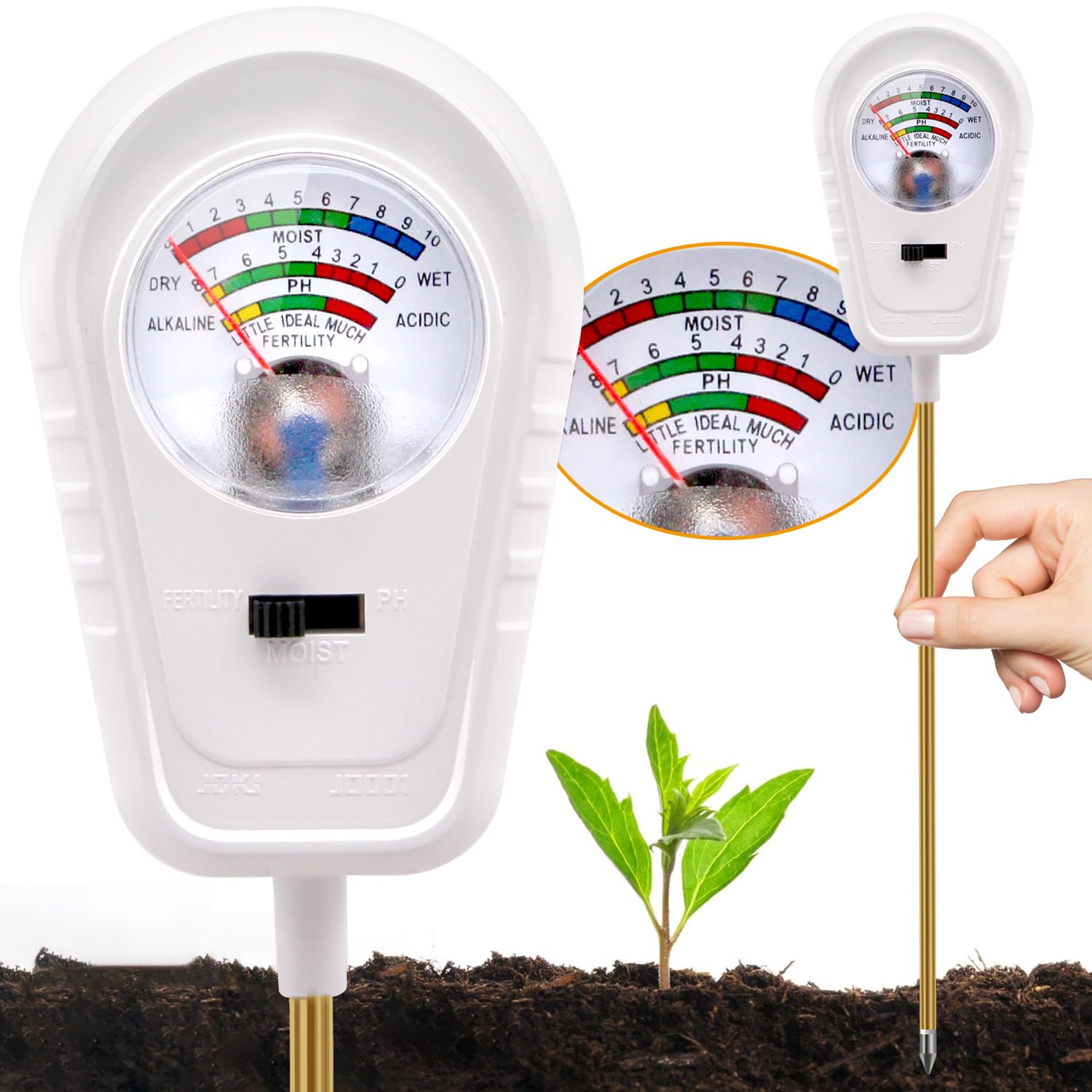 Aenncci 3-in-1 soil test kit dial display showing moisture, pH, and fertility readings.