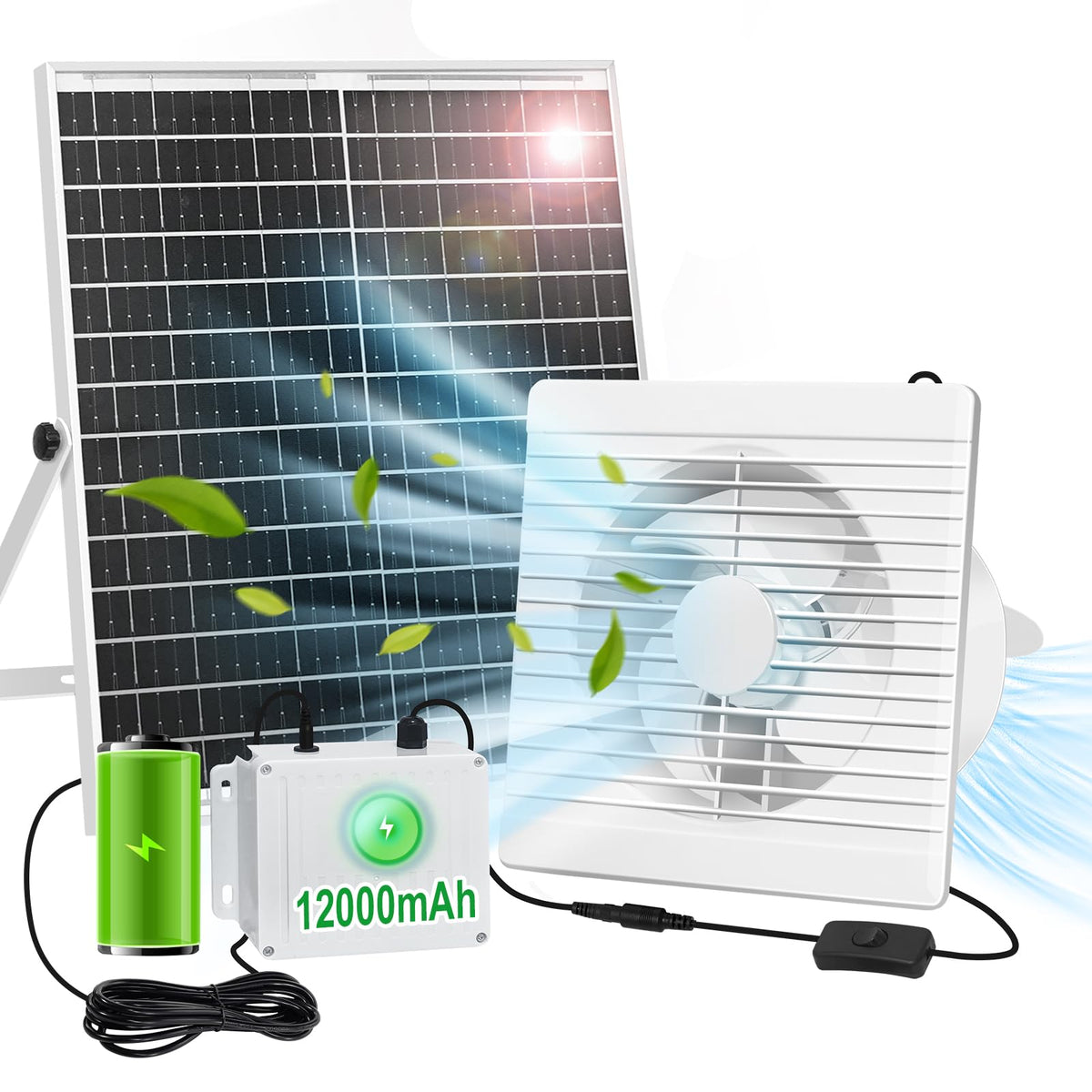 AEQ solar panel and fan setup shows easy installation for coop or greenhouse spaces.