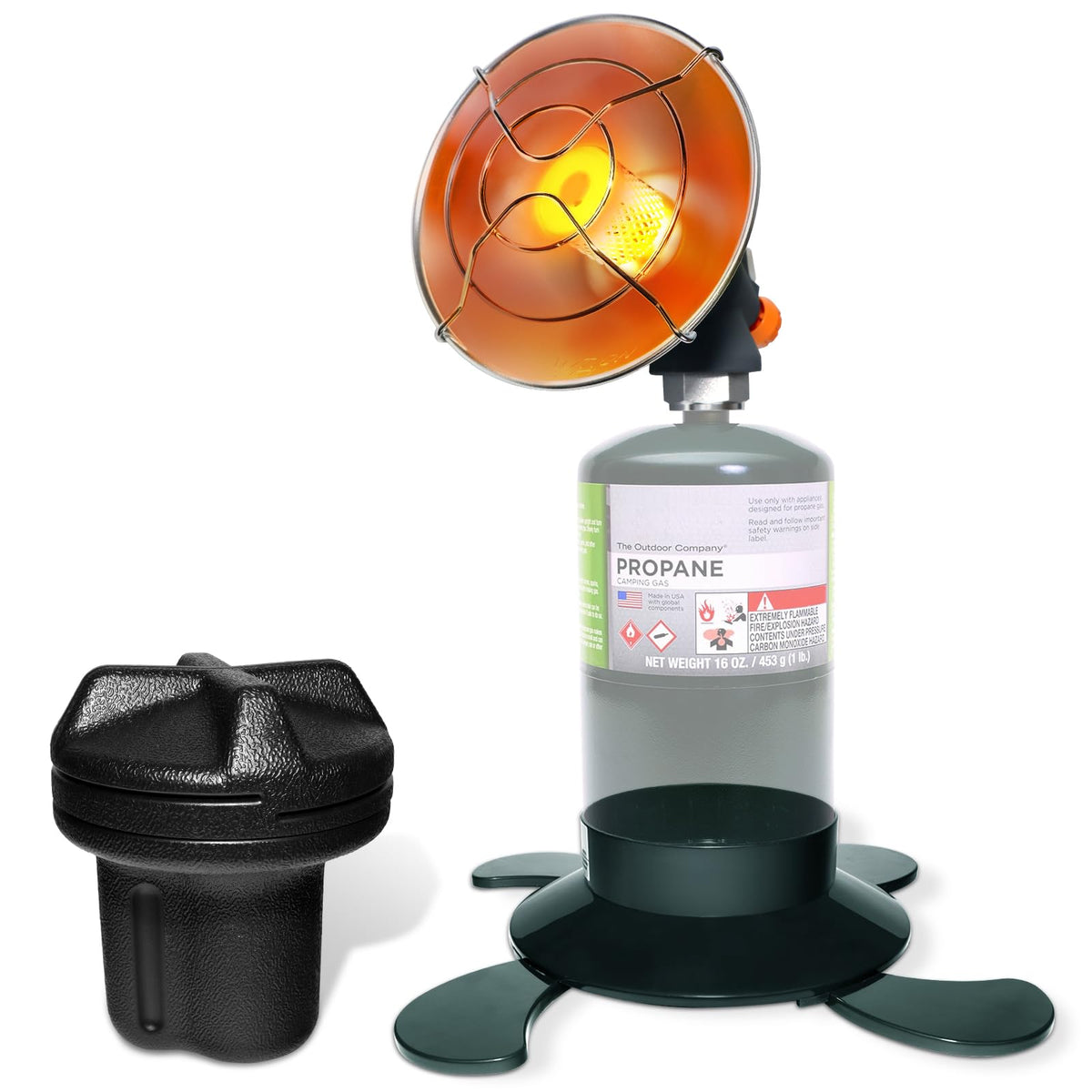AeriePrecium portable propane heater front view showing compact design for outdoor warmth.