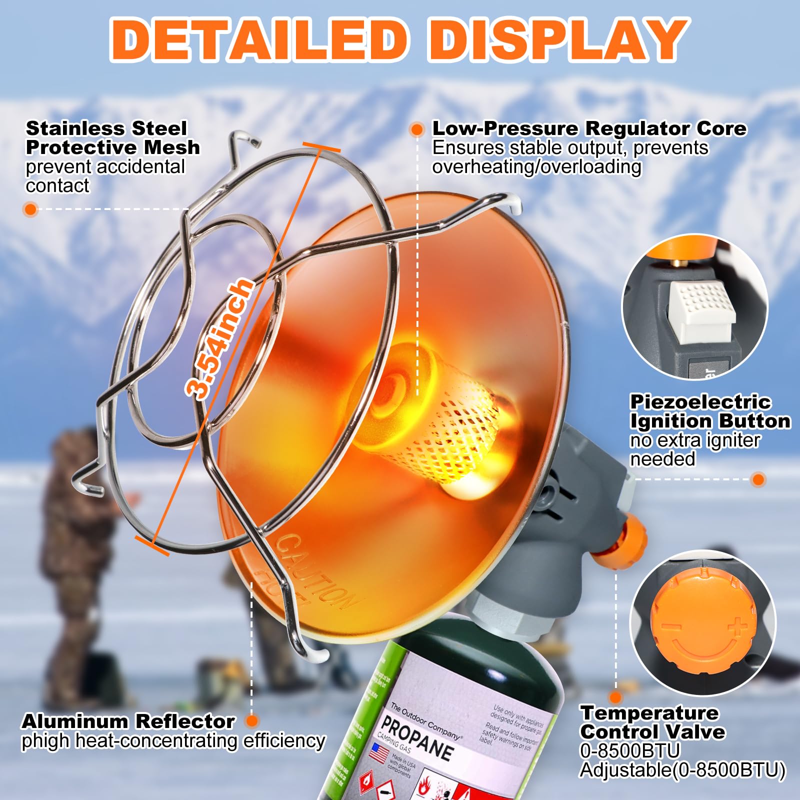 AeriePrecium heater with piezo ignition for quick, easy startup.