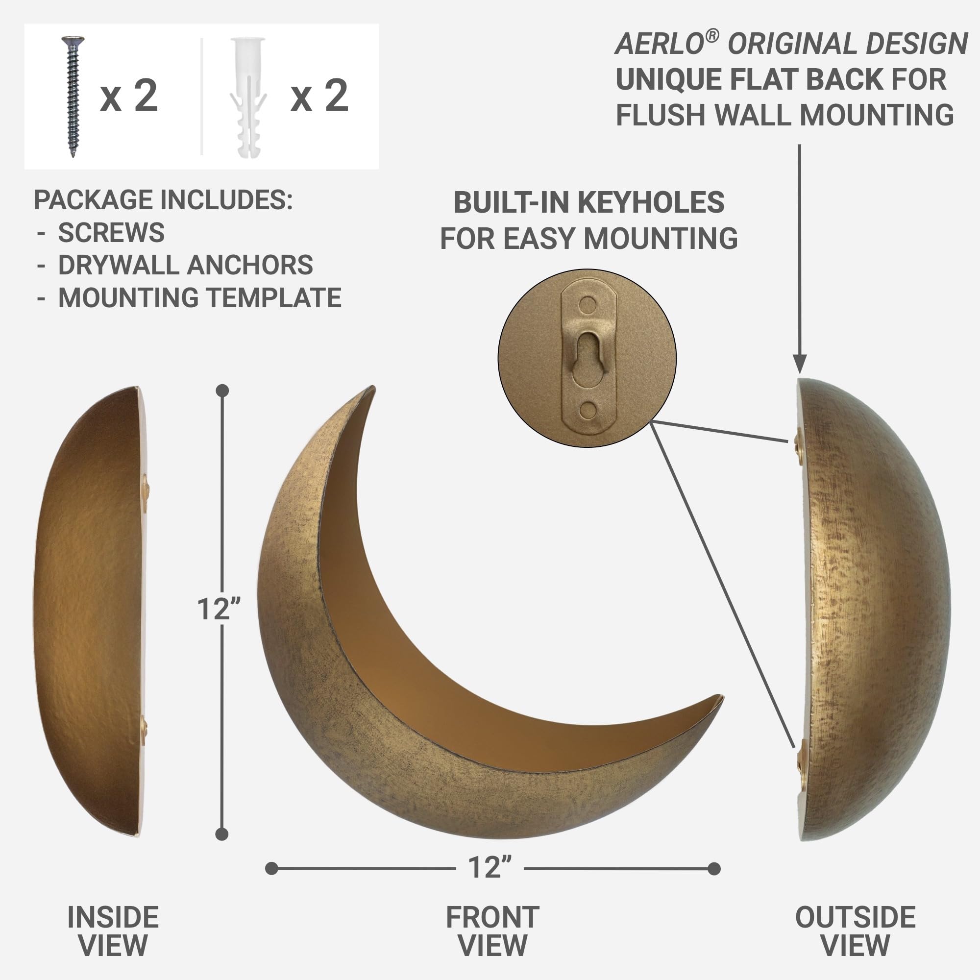 AERLO Moon Wall Planter closeup in rustic gold finish.