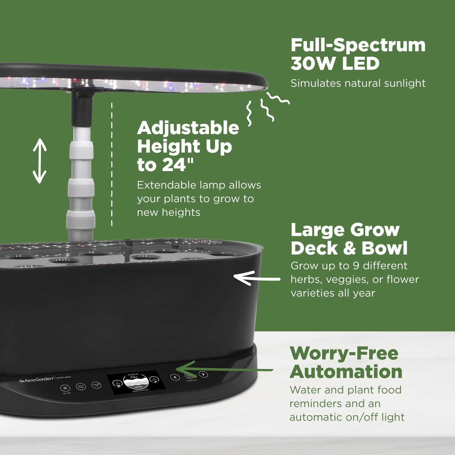 AeroGarden Bounty Basic automatic timer ensuring consistent lighting cycles