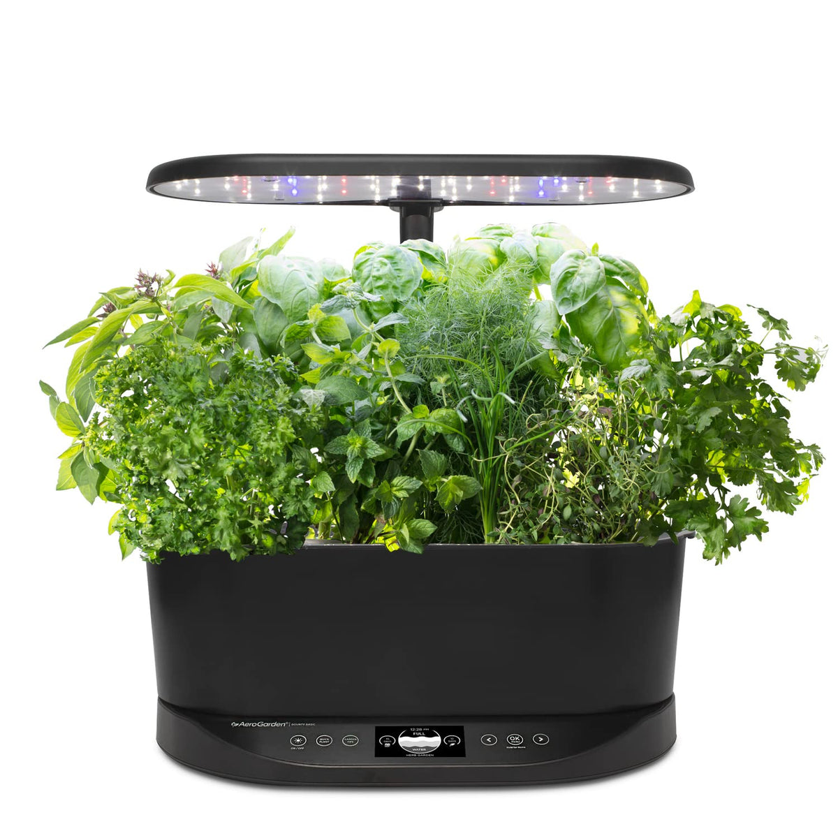 AeroGarden Bounty Basic front view on a kitchen counter showcasing compact indoor design for small spaces