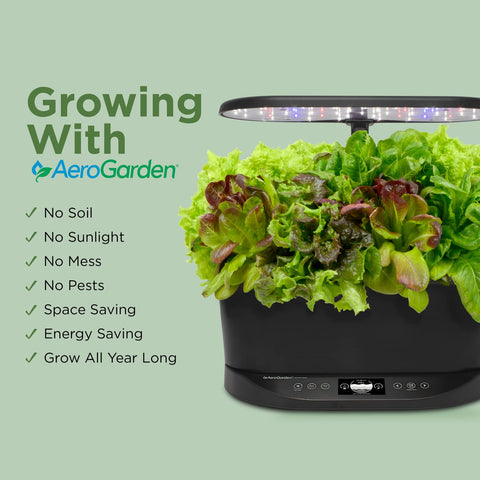AeroGarden Bounty Basic touchscreen panel showing garden stats at a glance