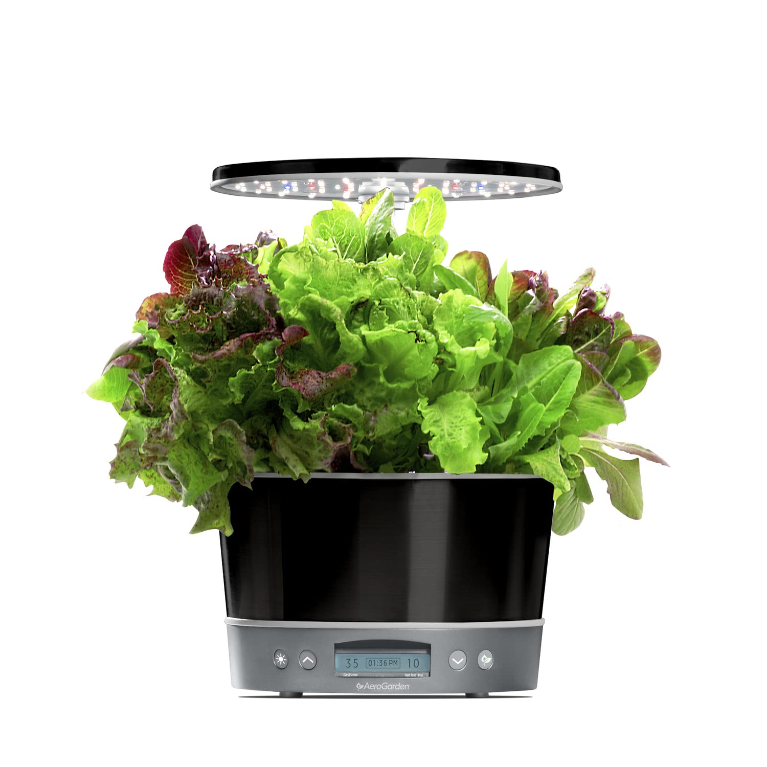 AeroGarden Harvest Elite 360 digital control panel guides watering and feeding