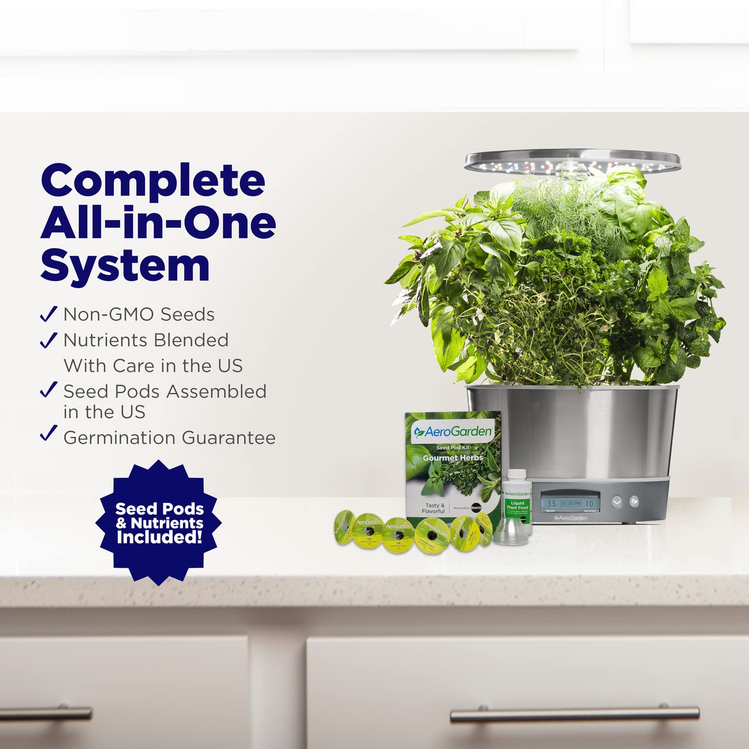 AeroGarden Harvest Elite 360 gourmet seed pod kit inspires fresh herbs.