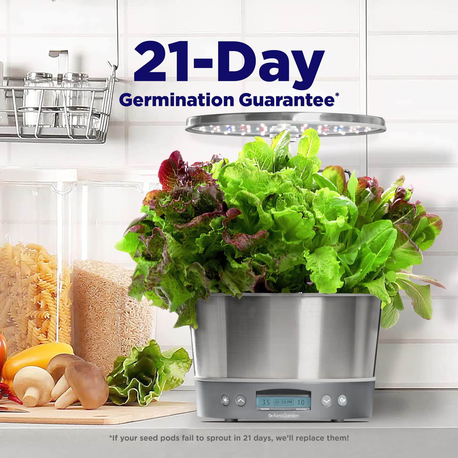 AeroGarden Harvest Elite 360 round stainless deck accommodates six plants with ease.