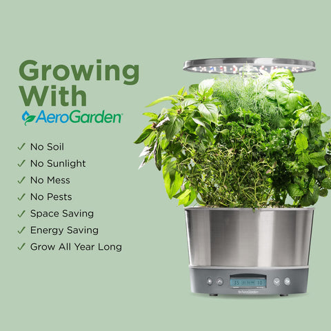 AeroGarden Harvest Elite 360 six-pod capacity ideal for herbs and greens.