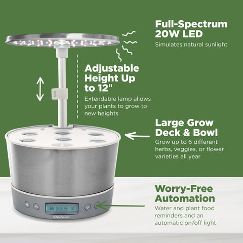 AeroGarden Harvest Elite 360 liquid plant food included supports quick nourishment.