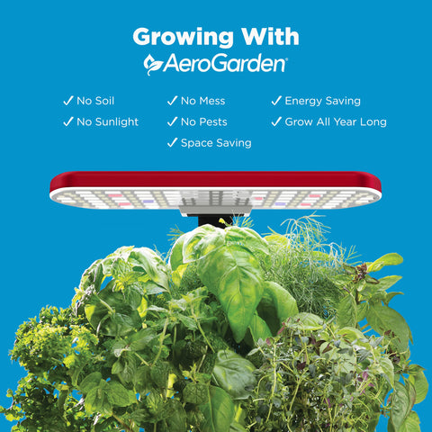 Water level indicator visible on the AeroGarden Harvest Lite unit.