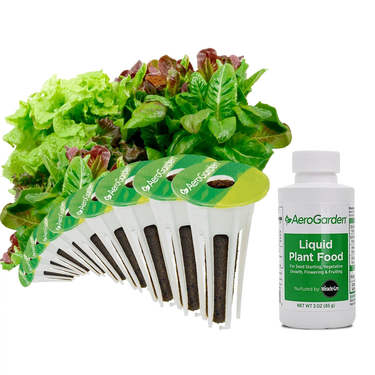 AeroGarden Heirloom salad greens seed pods on a kitchen countertop for fresh harvest.