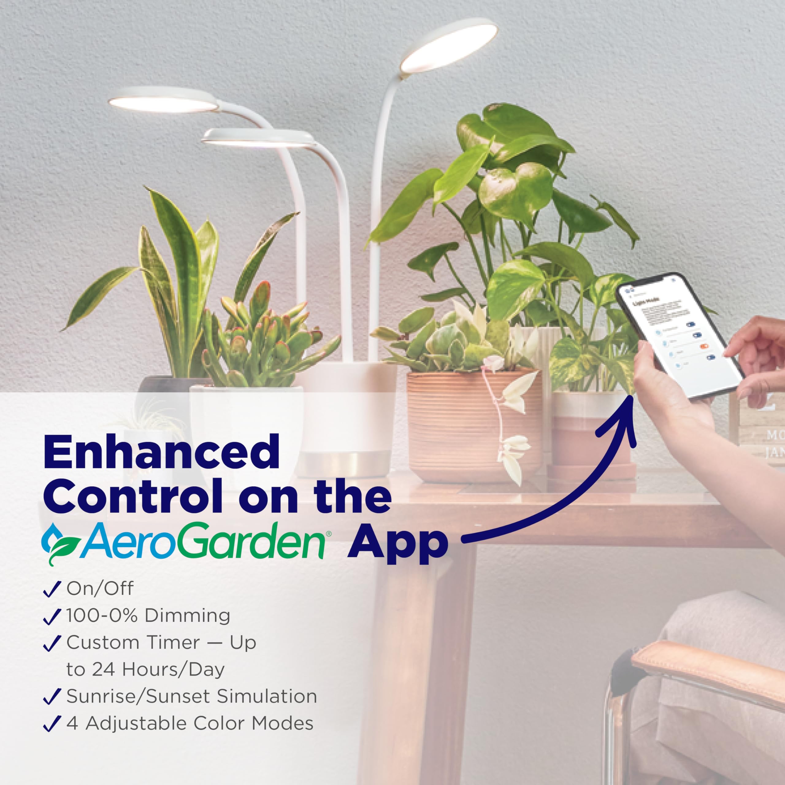 AeroGarden Trio provides four modes: full-spectrum, white, warm, and cool.