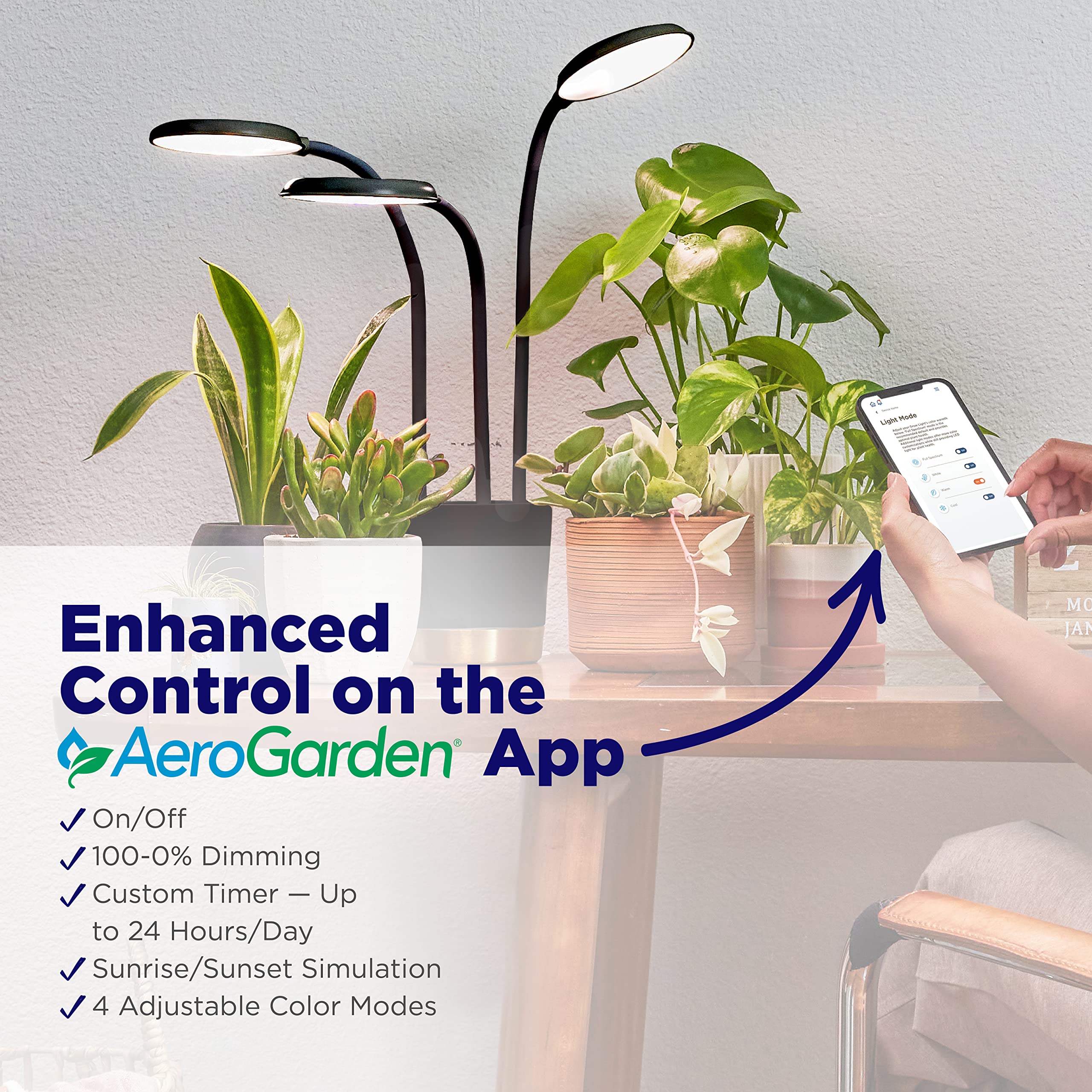 AeroGarden Trio Grow Light sunrise and sunset lighting modes