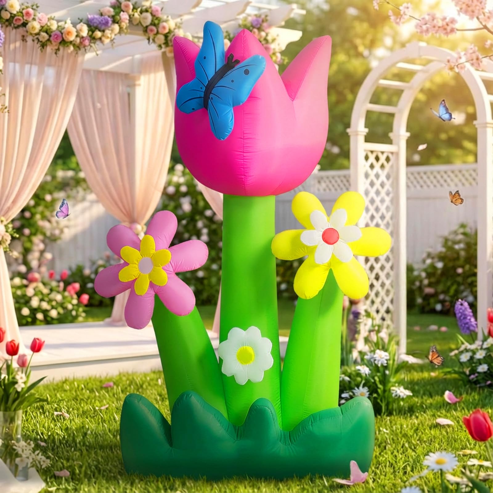 AerWo 6ft tulip and butterfly inflatable front view for vibrant outdoor yard decor
