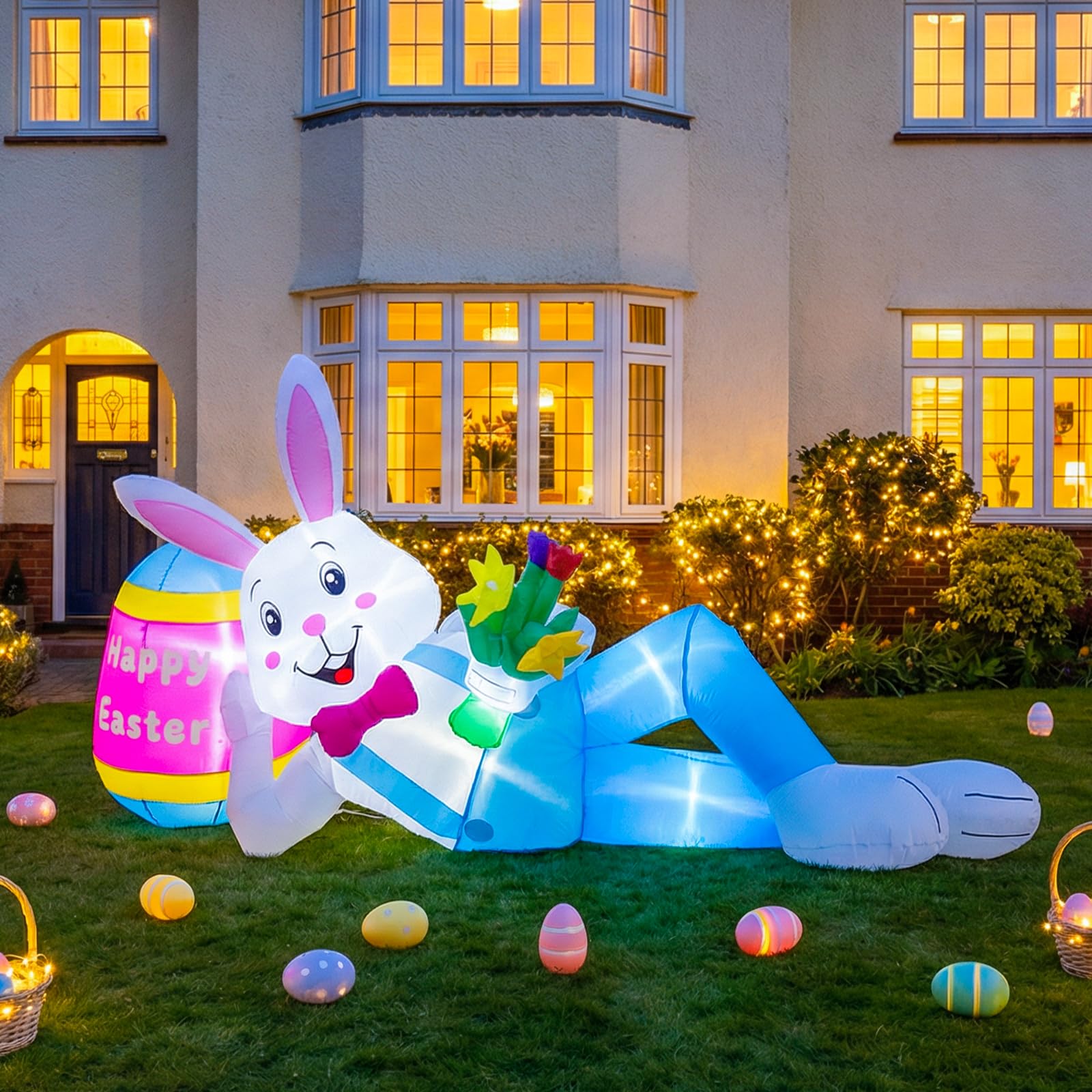 AerWo Easter inflatable bunny lounging beside a giant egg for festive lawn display.