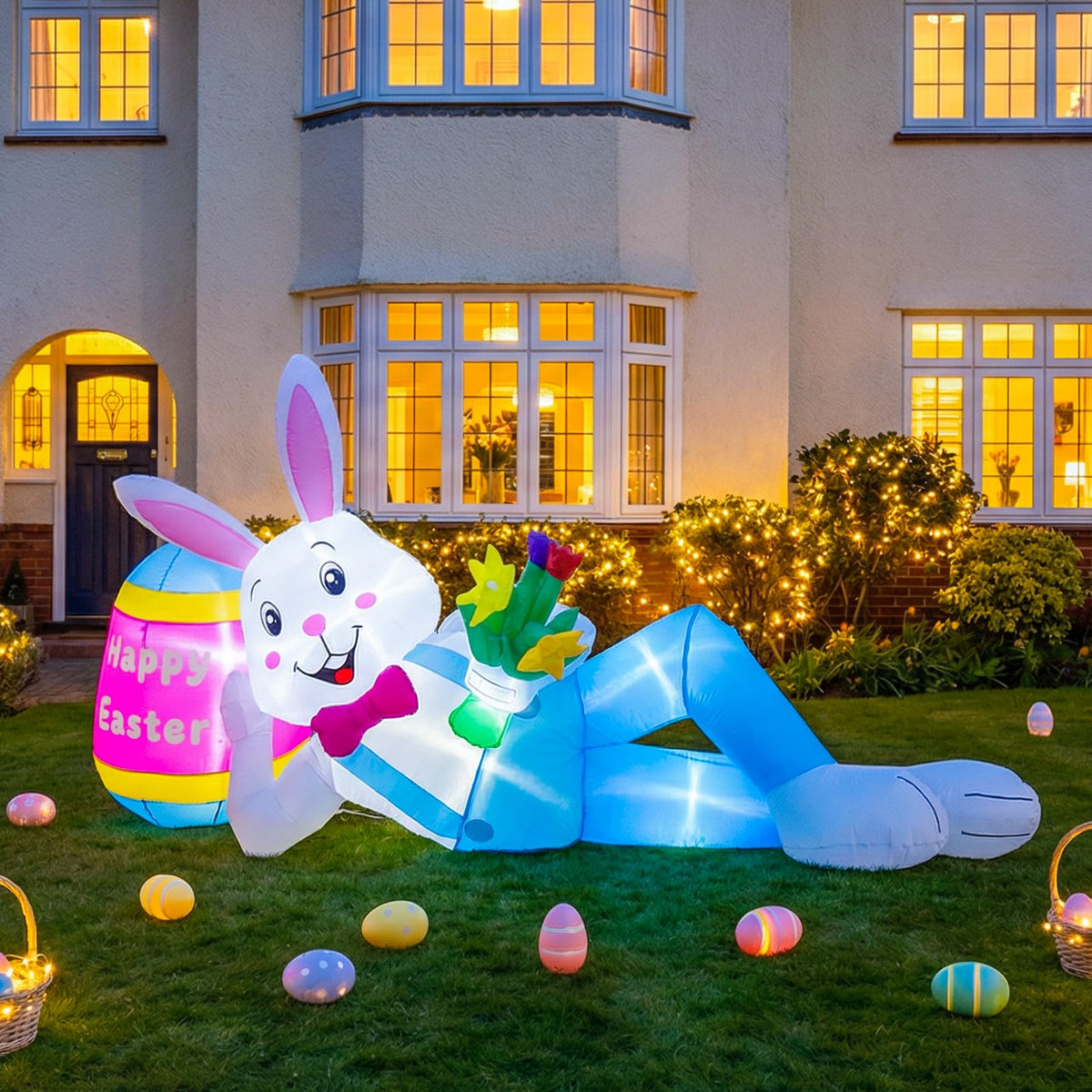 AerWo Easter inflatable bunny lounging beside a giant egg for festive lawn display.