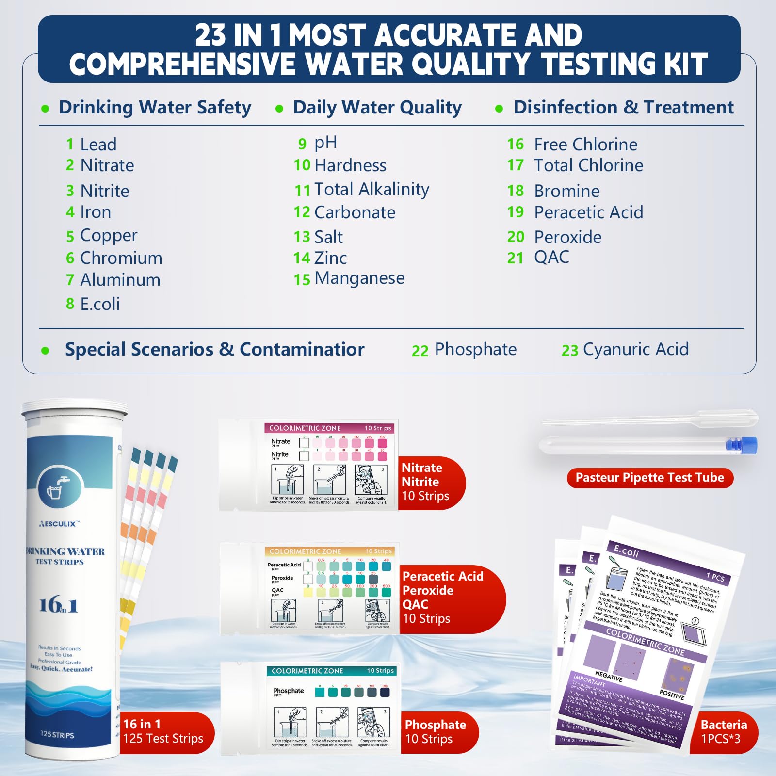 AESCULIX 158-strips pack enables ongoing home water quality monitoring.