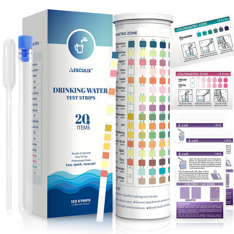 AESCULIX 20-in-1 water test kit with strips and tubes for home use.
