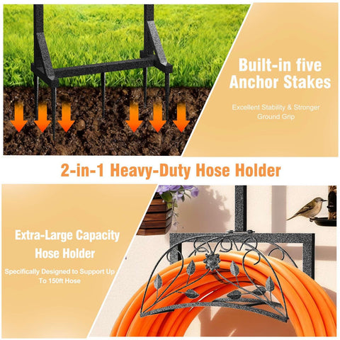 AESOME hose stand with decorative floral patterns enhances pathways and yards.