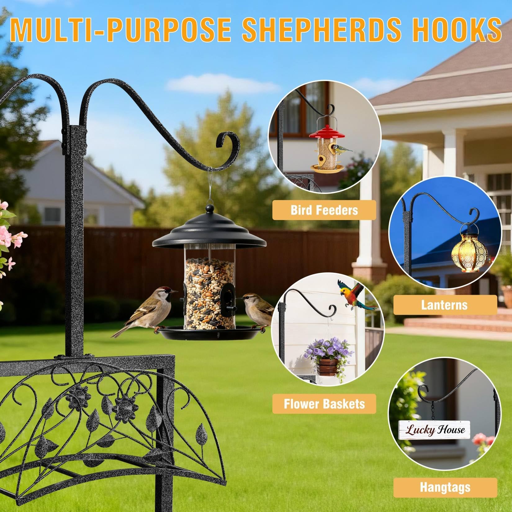 AESOME hose stand with two shepherd hooks for hanging feeders or planters.