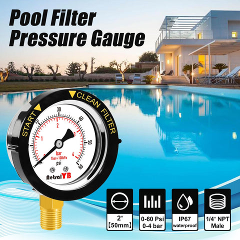 Robust 304 stainless steel housing protects the gauge in harsh pool environments